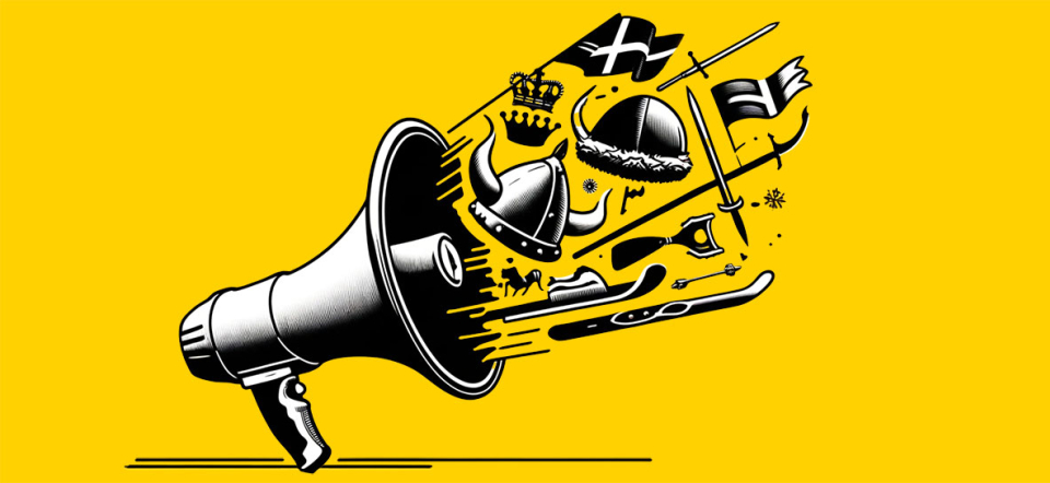 Illustration of a megaphone with Nordic artefacts streaming from the bell