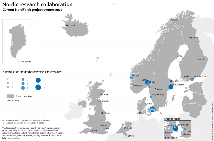 Map of Northern Europe showing where the current project owners belong. In addition to the Nordics, project owner are situated in the UK and the Netherlands.