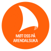 Logo til Arendalsuka i orange og hvidt, hvor der står: "Møt oss på Arendalsuka"