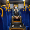 En dreng sidder alene i en bus med mundbind på.